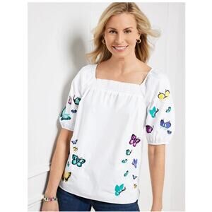 Talbots Embroidered Poplin White Top Scattered Butterfly Women Size Large Petite
